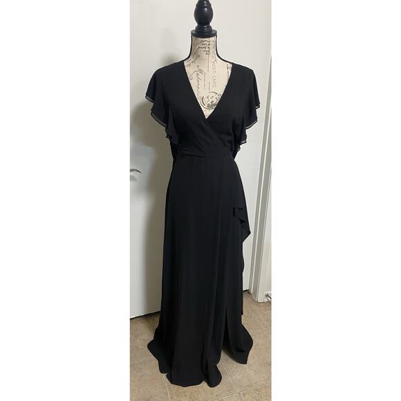 BCBGMAXAZRIA Dress Womens 12 Black Callie Ruffle Wrap Flutter Sleeve Maxi Gown - Picture 1 of 15